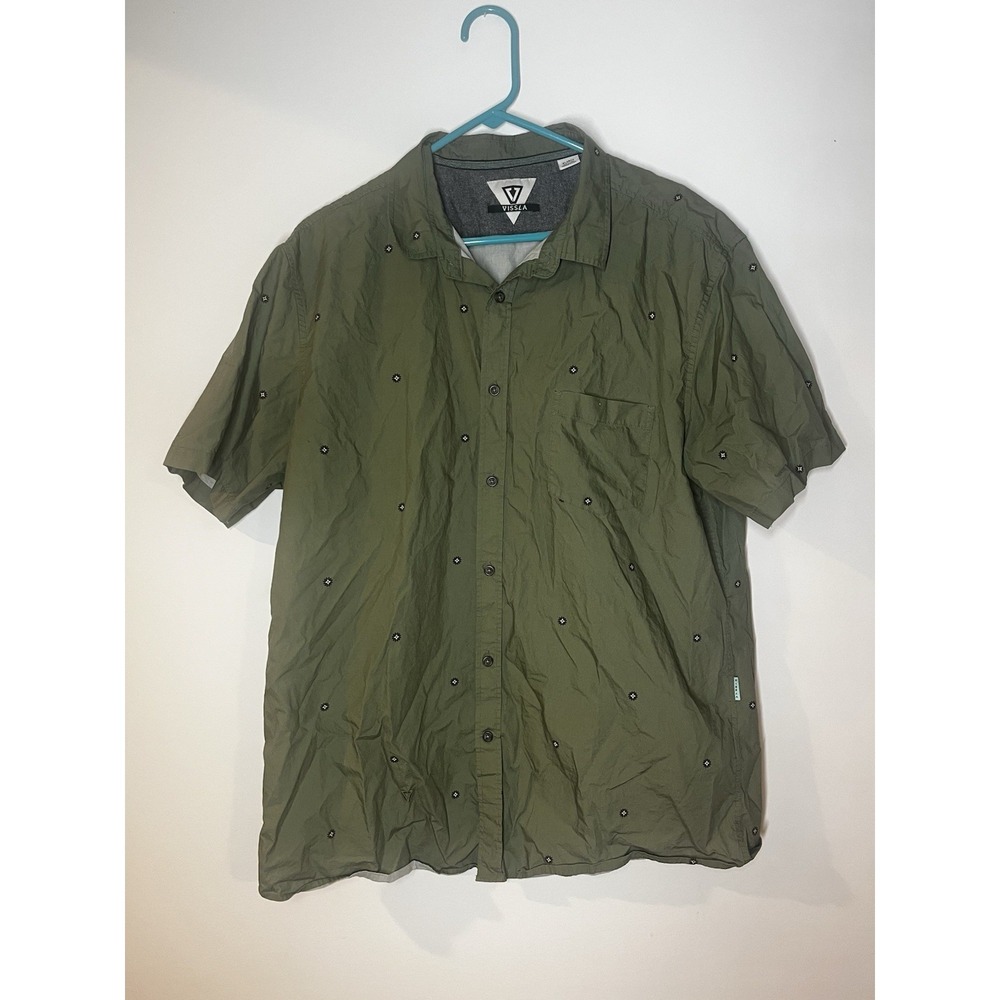 Vissla men's short-sleeve button-up olive green geometric pattern XL
